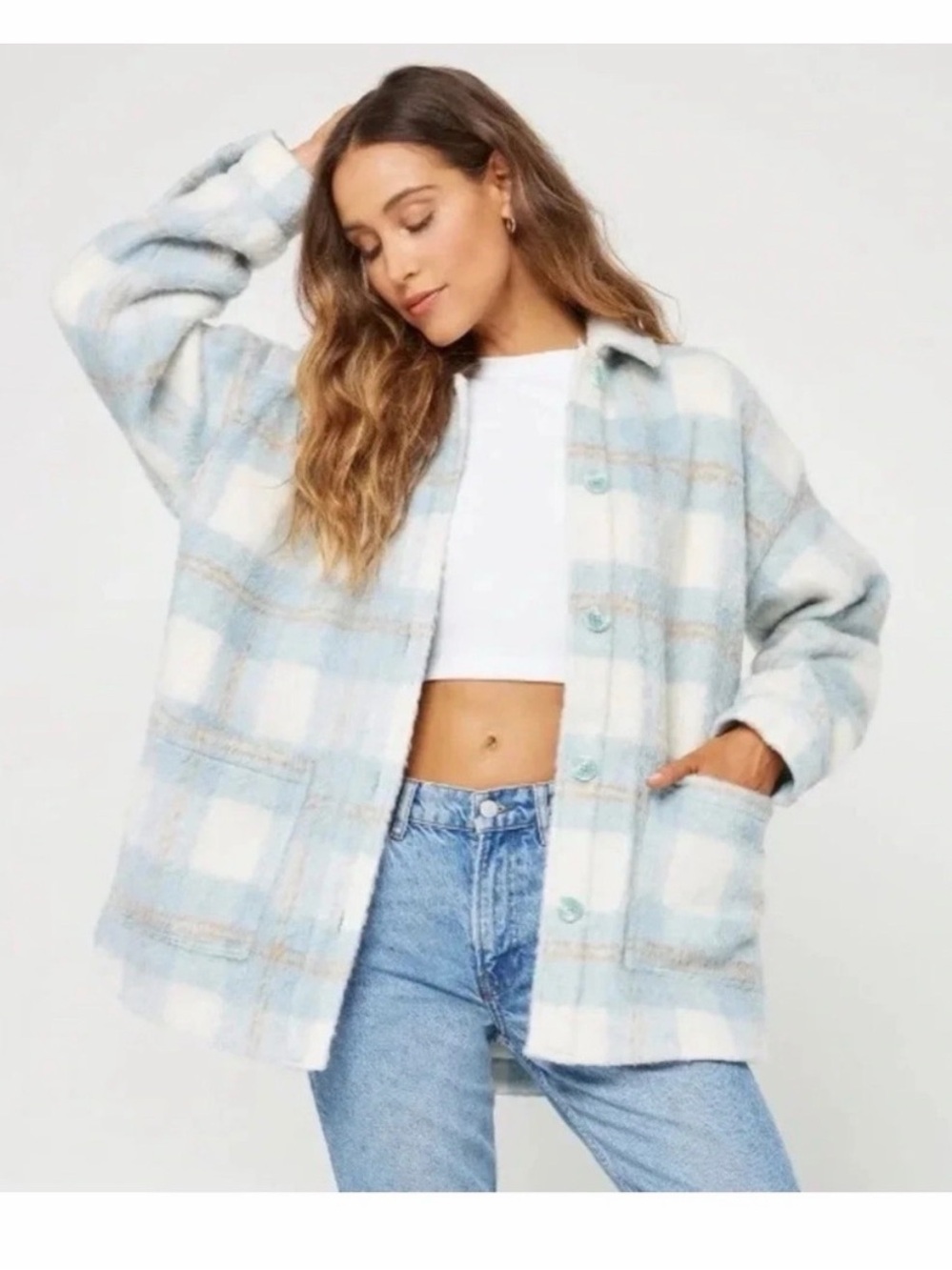 NWOT L Space ⭐️ Cozy Seaside Shacket Plaid Fuzzy Button-Up Jacket - Size S